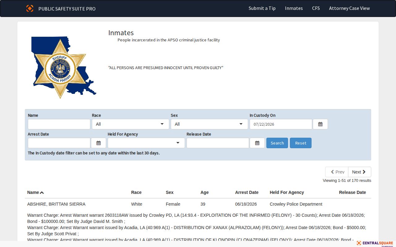 Acadia Parish release record search with Release Date filter