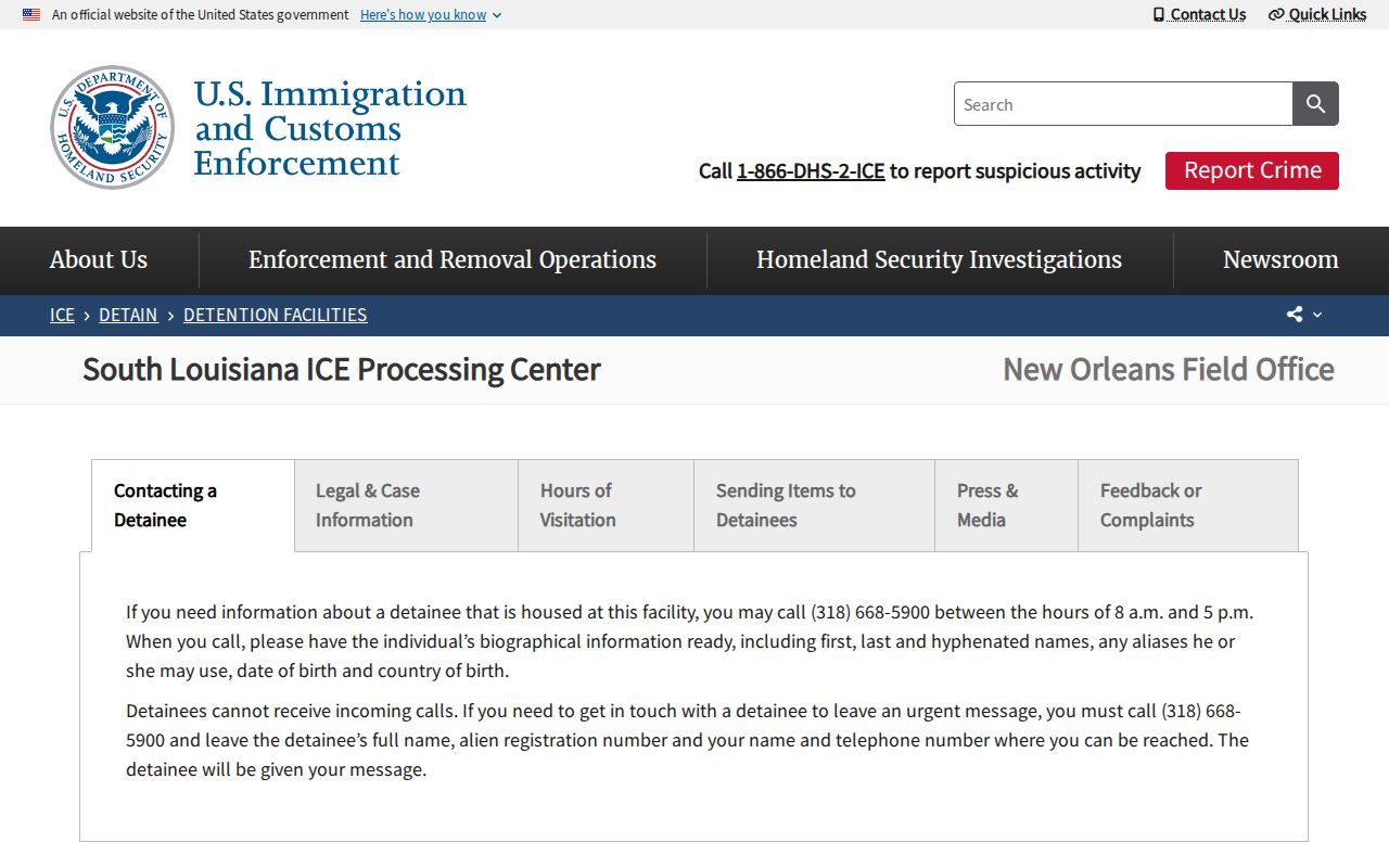 South Louisiana ICE Processing Center release and facility information for Acadia Parish